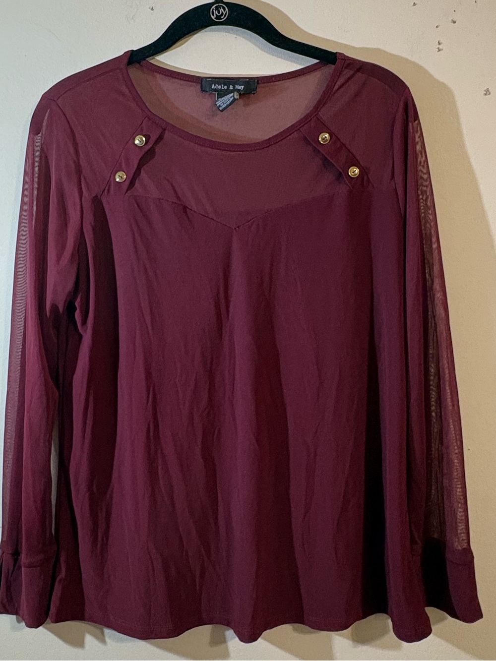 Adele & May top maroon long sleeve sheer mesh sleeves decor button blouse medium